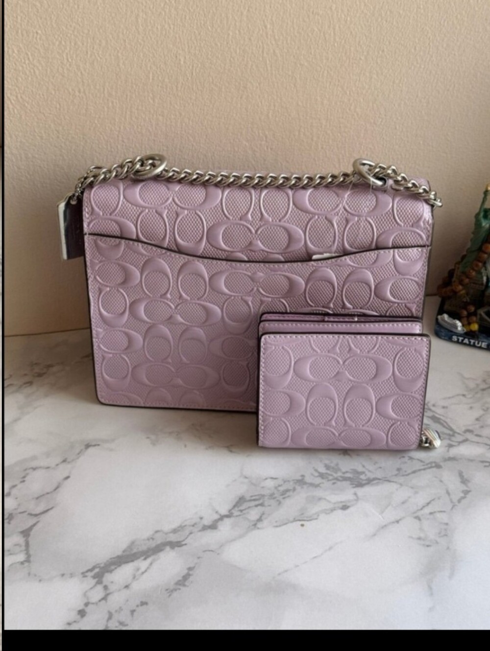Coach Klare Crossbody In Signature Leather Silver/Light Violet and wallet
